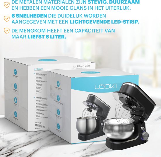 Looki Keukenmachine 1800W - 6 Snelheden - 6L - Keukenmixer - Foodprocessor - Keukenrobot