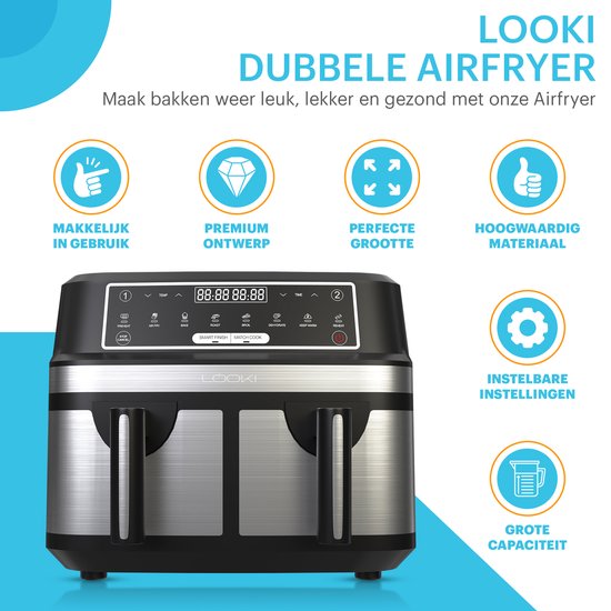 Looki Dubbele Airfryer XXL - 2000W - Duo Heteluchtfriteuse - Oven - 9.2 L - 50-200 °C