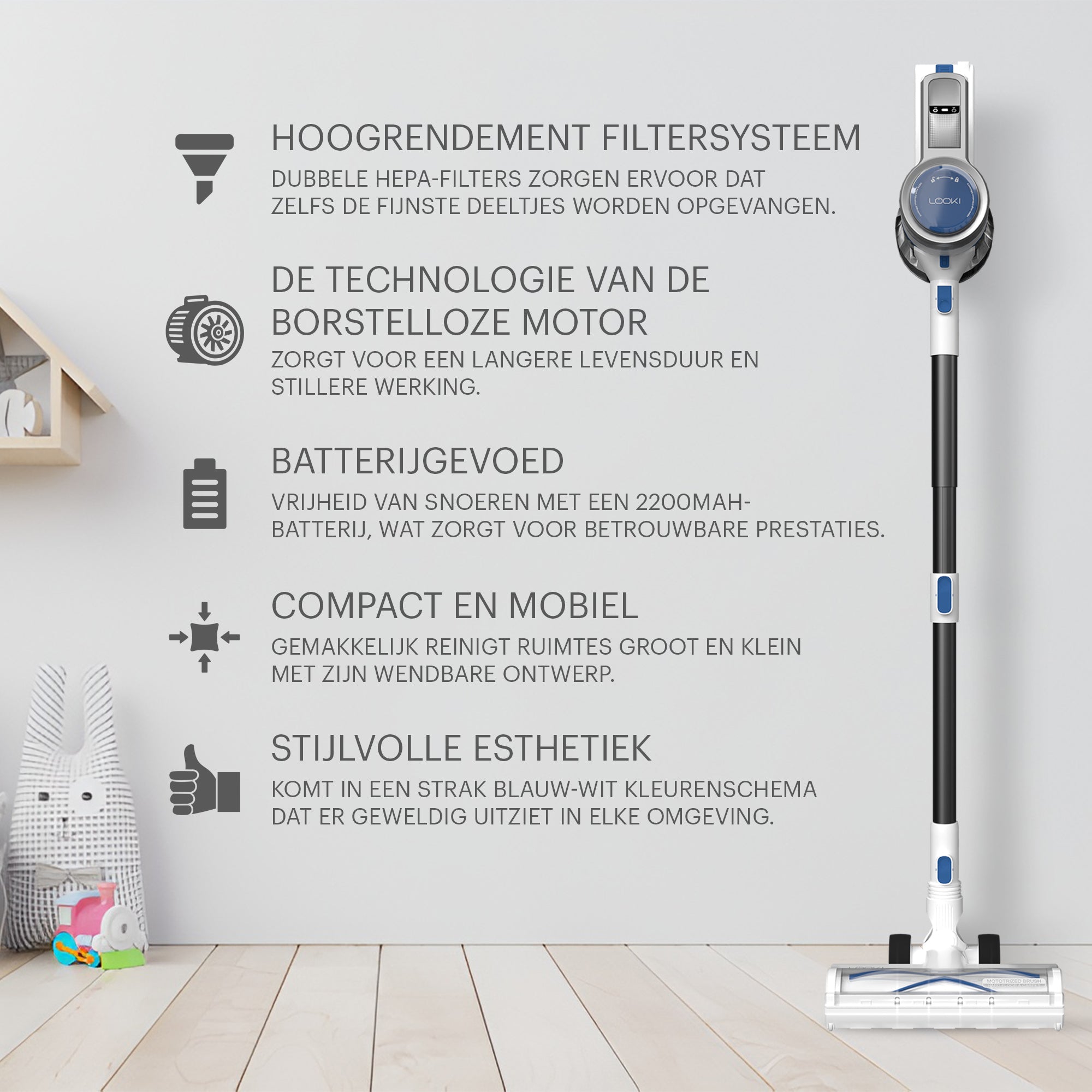 Looki Airbot - 4-in-1 Steelstofzuiger en Kruimelzuiger - 22KPA - Draadloos & Zakloos - Oplaadbaar - 250W - Stofzuiger Zonder zak