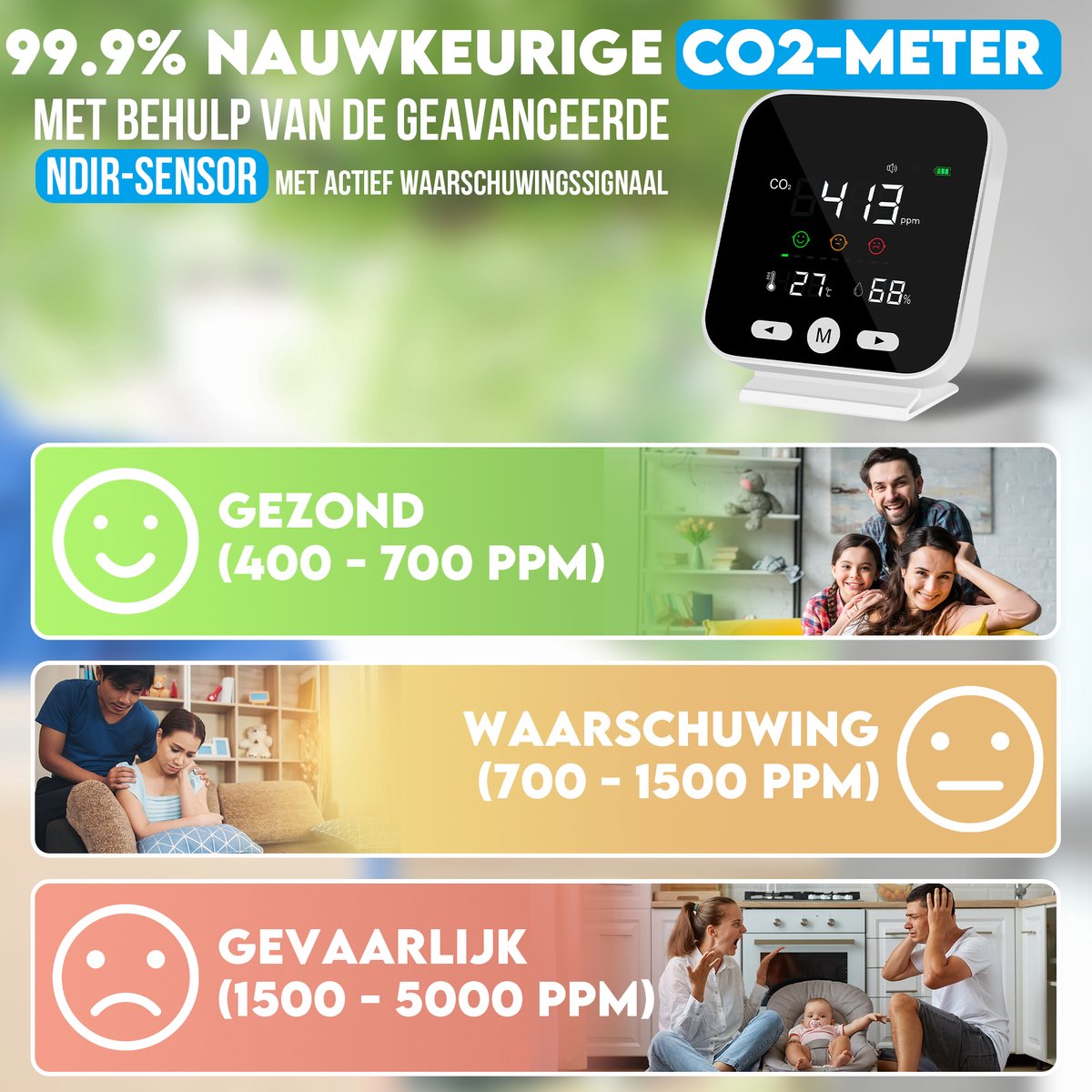 Looki Slimme Co2 Meter met app – Hygro Vocht en Thermometer - Luchtkwaliteitsmeter