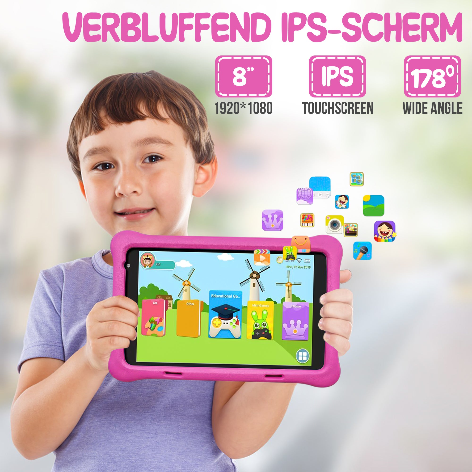 Looki KidsTab Pro - Kinder Tablet – 8 Inch – Android 10 – 32GB – Camera Voor & Achter– Ouderlijk Toezicht - Kindertablet - Roze